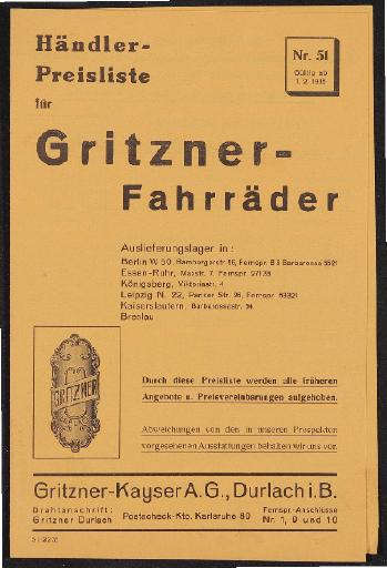 Gritzner Fahrräder Preisliste 1935