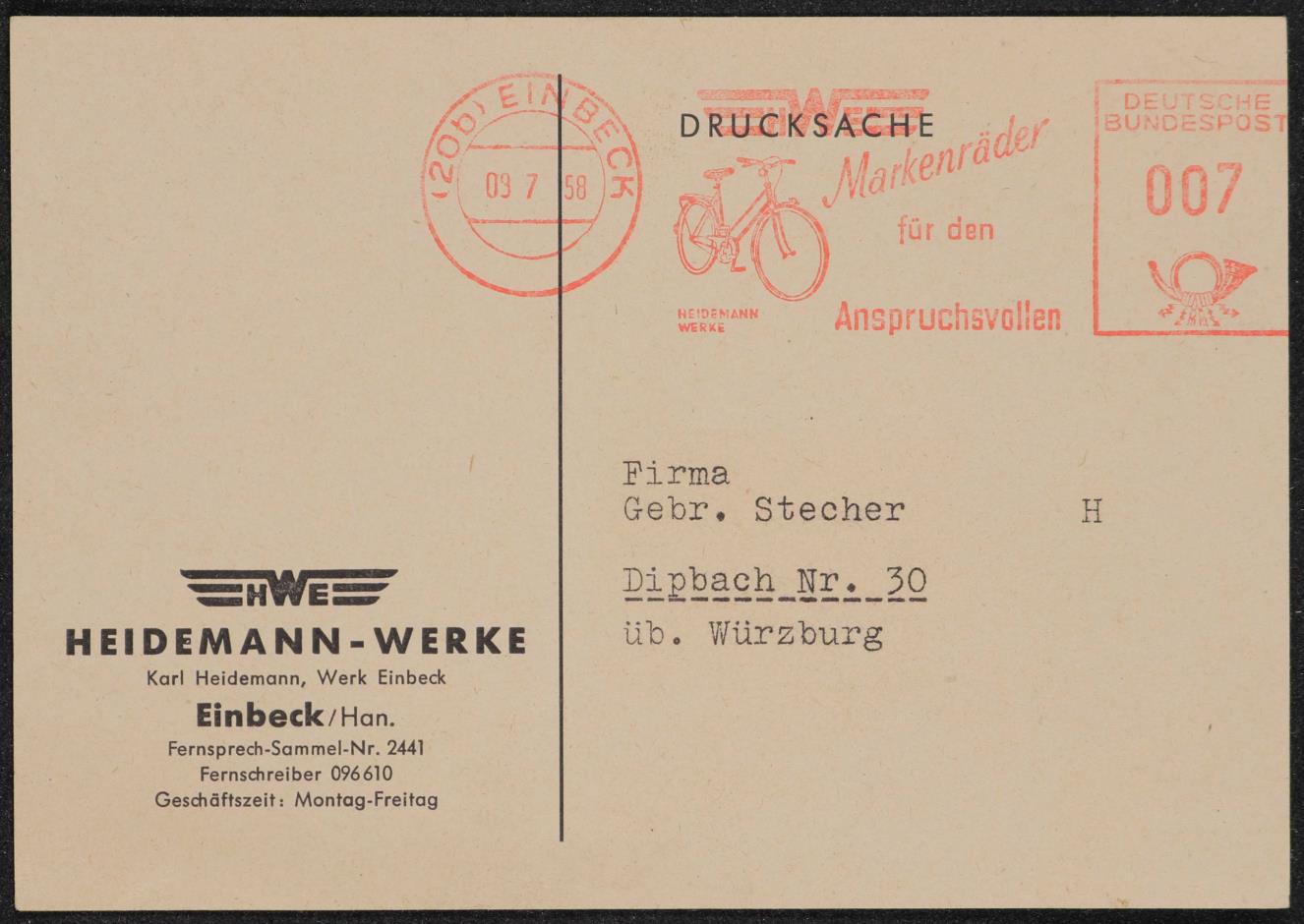 HWE Heidemann-Werke Einbeck Postkarte 1958