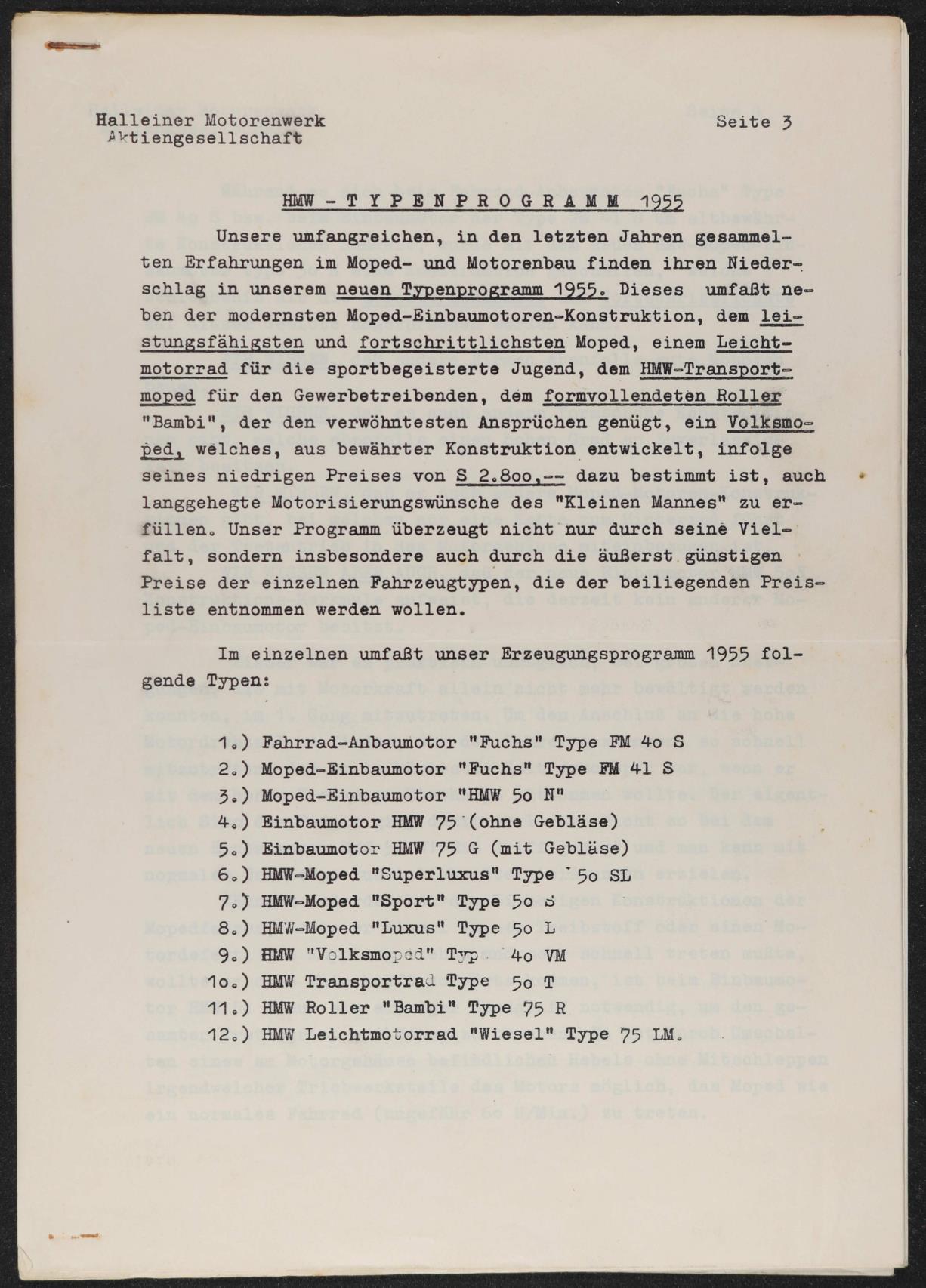 HMW Halleiner Motorenwerk AG Typenprogramm Prospekt 1955