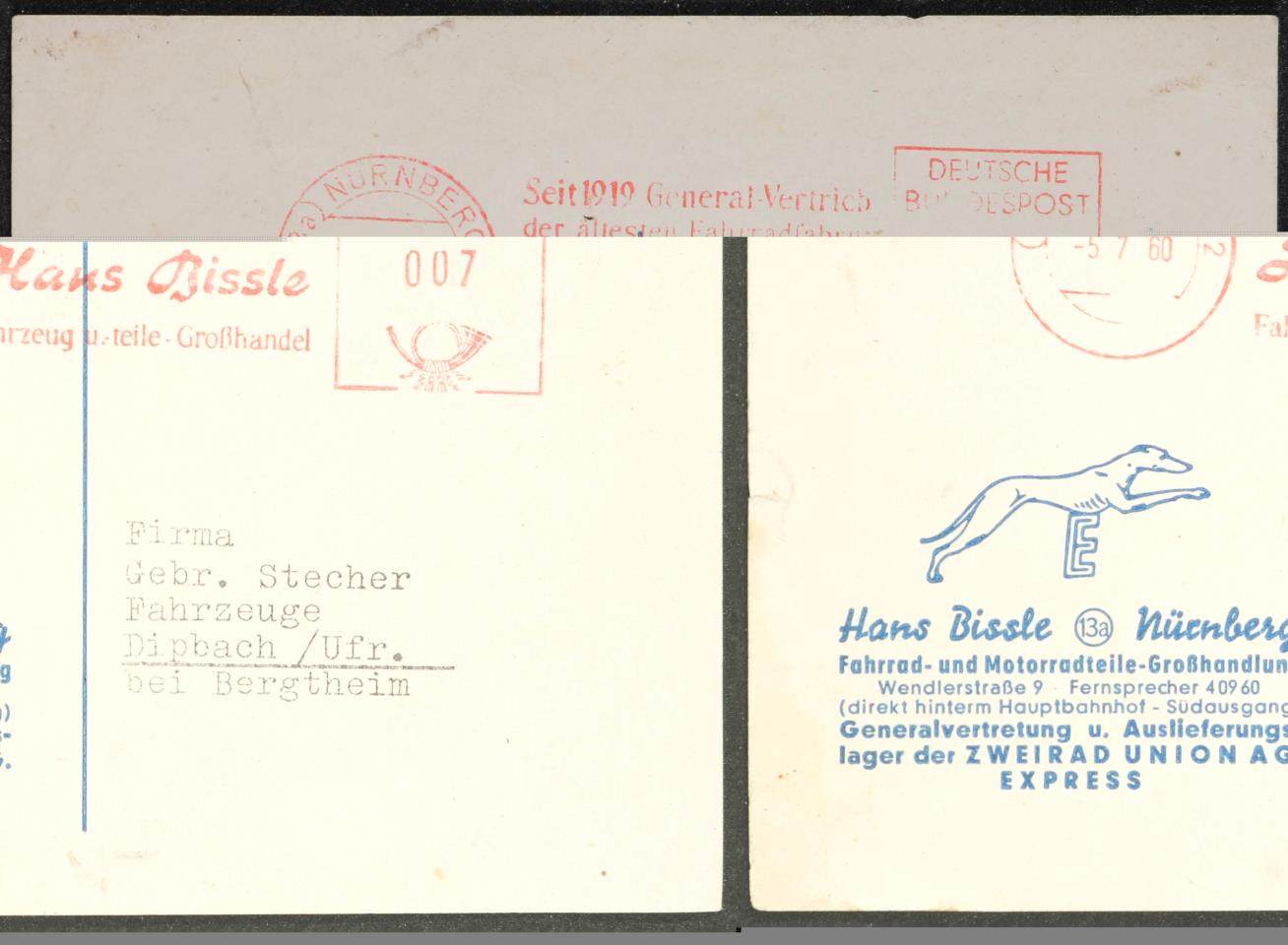 Hans Bissle Nürnberg Zweirad Union AG Express Postkarte 1960