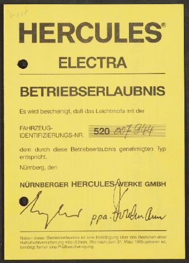 Hercules Electra Leichtmofa Betriebserlaubnis 1991