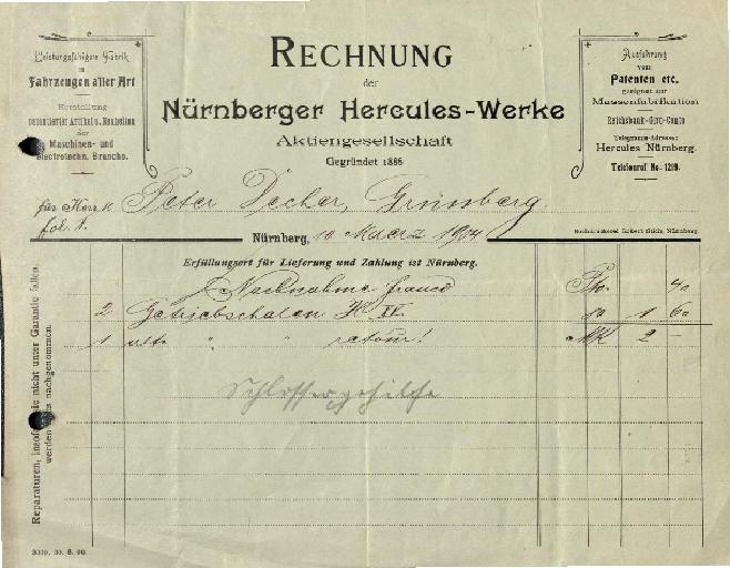 Hercules Rechnung 1904