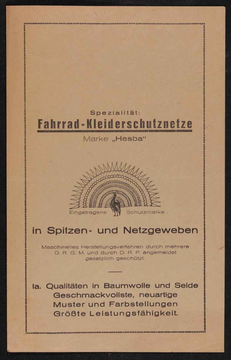 Hesba Fahrrad-Kleiderschutznetze Faltblatt 20er Jahre