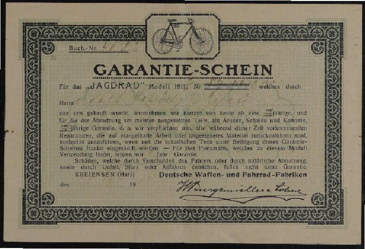 Jagdrad Deutsche Waffe- und Fahrrad-Fabriken Garantieschein 1911
