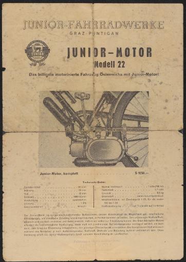 Junior Fahrradwerke Graz Motor Modell 22 Werbeblatt 1954