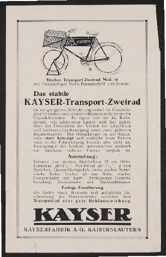 Kayser Geschäftsrad Transport-Zweirad Werbeblatt 1928