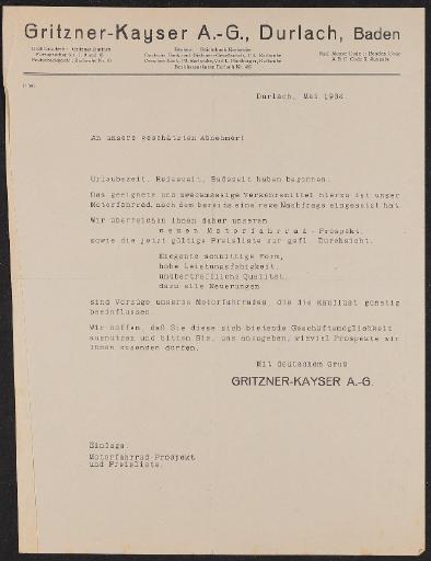 Kayser Motor-Fahrrad Händlerinformation u. Preisliste 1934
