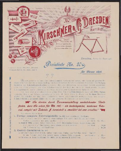 Kirschner u. Co. Dresden Preisliste und Humber Fahrradgestelle 1896