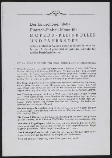 Krat Allgäu Kratzsch-Einbau-Motor Werbeblatt 50er Jahre