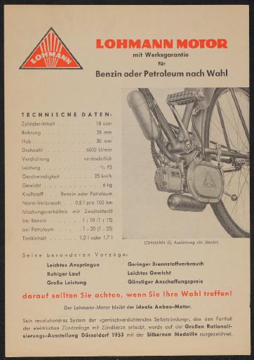 Lohmann Motor mit Werksgarantie für Benzin oder Petreleum Werbeblatt 50er Jahre