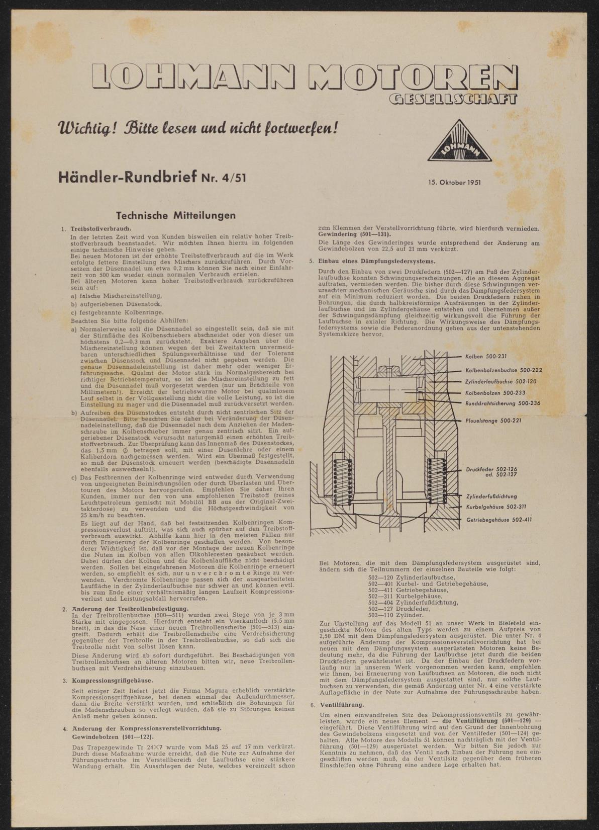 Lohmann Motoren Gesellschaft Händler-Rundbrief Nr. 4-51 Anschreiben 15. Okt. 1951