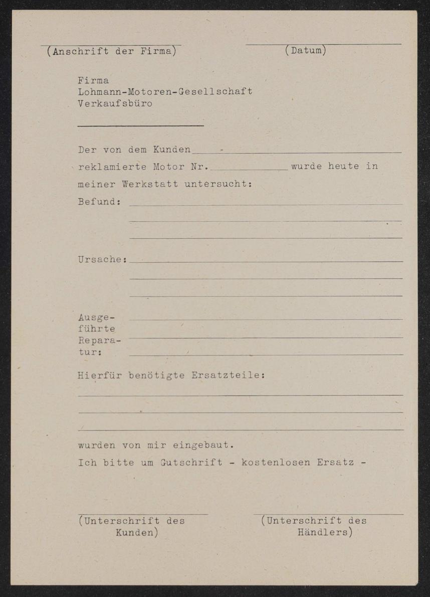 Lohmann Motoren Gesellschaft Reklamationsformular Anschreiben 50er Jahre