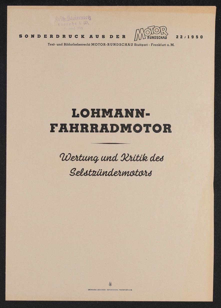 Lohmann-Motor Sonderdruck Motor Rundschau 22-50 Werbeblatt 1950