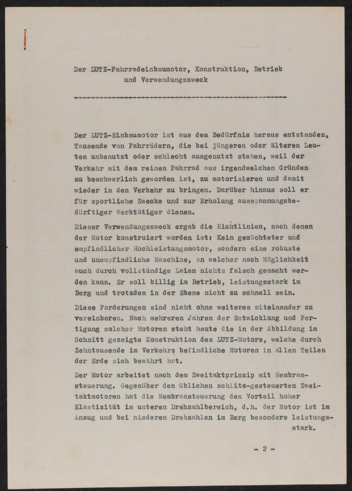 Lutz Der LUTZ-Fahrradeinbaumotor, Konstruktion, Betrieb und Verwendungszweck Beschreibung 50er Jahre