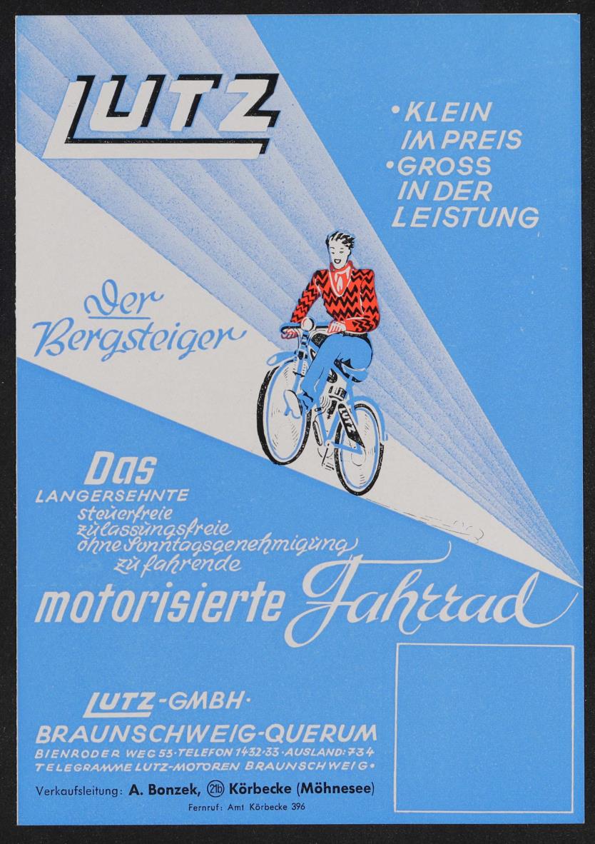 Lutz FA 58 St Der Bergsteiger Das motorisierte Fahrrad Faltblatt 50er Jahre