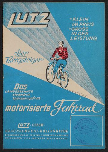 Lutz G50 Der Bergsteiger Das motorisierte Fahrrad Faltblatt 50er Jahre