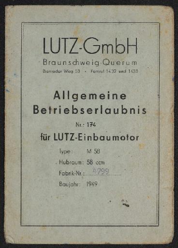 Lutz GmbH Allgemeine Betriebserlaubnis Nr. 174 29.11.1949