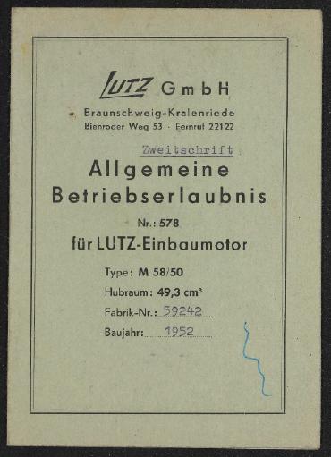 Lutz GmbH Allgemeine Betriebserlaubnis Nr. 578 09.07.1953