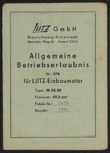 Lutz GmbH Allgemeine Betriebserlaubnis Nr. 578 31.08.1954