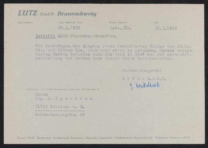 Lutz GmbH Braunschweig Anschreiben 1952