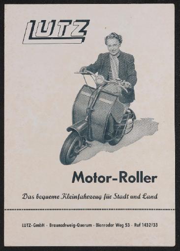 Lutz Motor-Roller Das bequeme Kleinfahrzeug für Stand und Land Faltblatt 50er Jahre