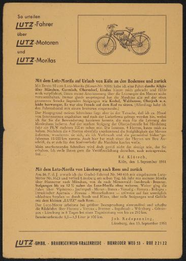 Lutz So urteilen Lutz-Fahrer über Lutz-Motoren und Lutz-Morifas Werbeblatt 1951