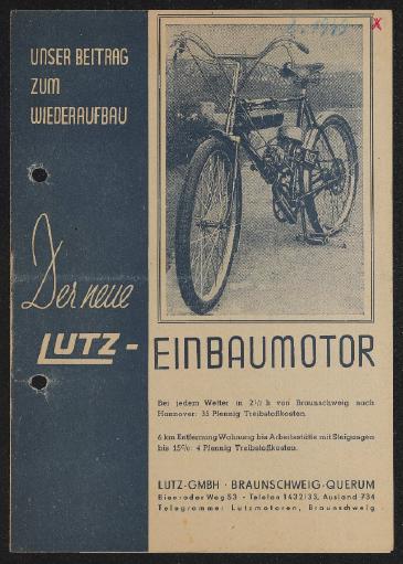 Lutz Unser Beitrag zum Wiederaufbau Der neue Lutz-Einbaumotor Faltblatt 1949