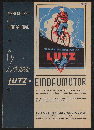 Lutz Unser Beitrag zum Wiederaufbau Der neue Lutz-Einbaumotor Faltblatt 4 1949