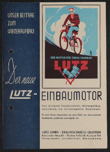 Lutz Unser Beitrag zum Wiederaufbau Der neue Lutz-Einbaumotor Faltblatt 9 1949