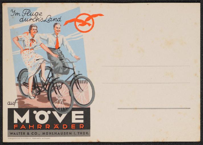 Möve Fahrräder Im Fluge durchs Land Postkarte 30er Jahre