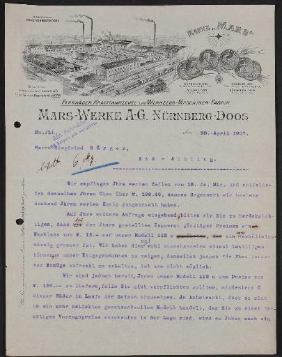 Mars Fahrradwerke, Antwortschreiben 1907