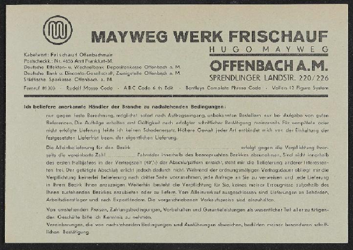 Mayweg Werk Frischauf Preisliste Fahrräder 1936