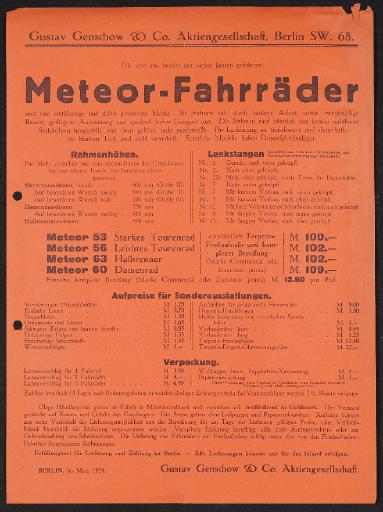 Meteor-Fahrräder Preisliste und Prospekt 1924