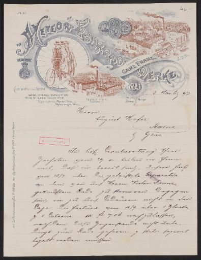 Meteor-Fahrradwerke, Schreiben (handschriftlich) an Kunden 1897
