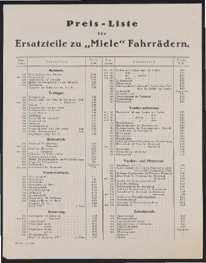 Miele Ersatzteil-Preisliste 1925