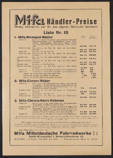 Mifa Preisliste 1934