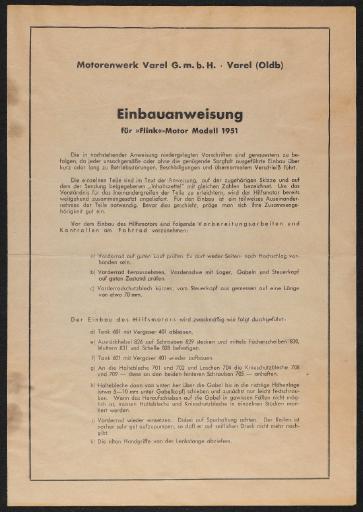 Flink Fahrradhilfsmotor Motorenwerk Varel GmbH Einbauanweisung 1951