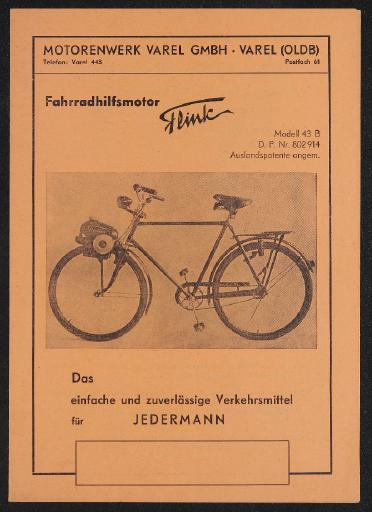 Flink Modell 43 B Fahrradhilfsmotor Motorenwerk Varel GmbH Faltblatt 1951