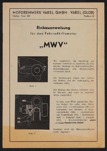 MWV Fahrradhilfsmotor Motorenwerk Varel GmbH Einbauanweisung 50er Jahre