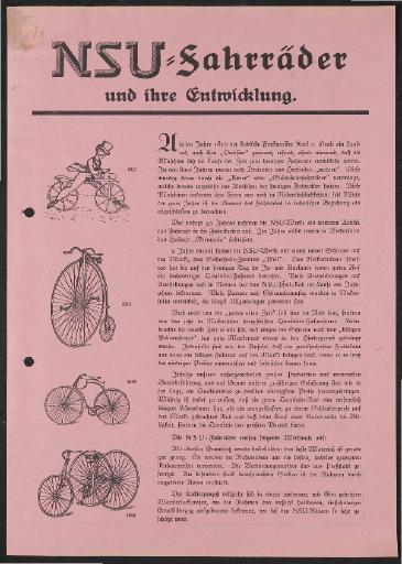NSU Fahrräder und ihre Entwicklung Werbeblatt 1930er Jahre