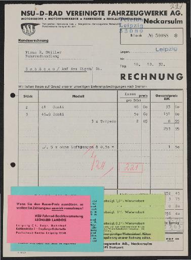 NSU Vereinigte Fahrzeugwerke A.G. Rechnung 1937
