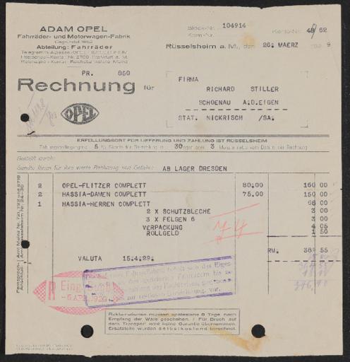 Adam Opel Fahrräder- und Motorwagen Fabrik Rechnung 1929
