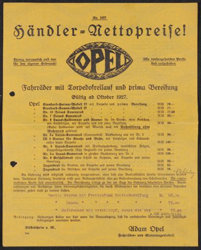 Opel Fahrräder Preisliste 1927