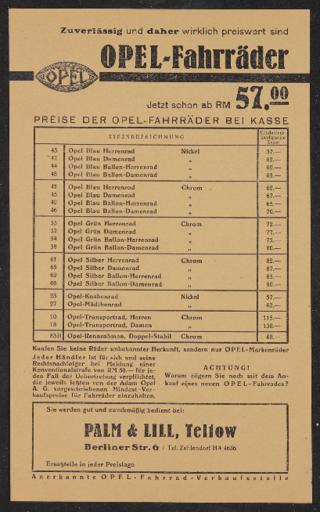 Opel Fahrräder Preisliste 1936