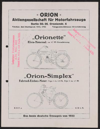 Orion Aktiengesellschaft für Motorfahrzeuge Prospekt 1922