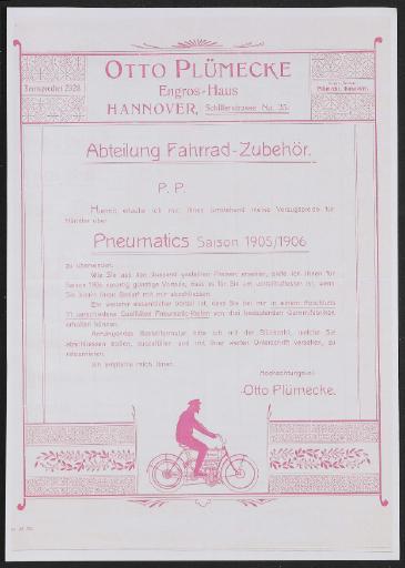 Otto Plümecke, Engros-Haus, Pneumatics Preisliste 1905