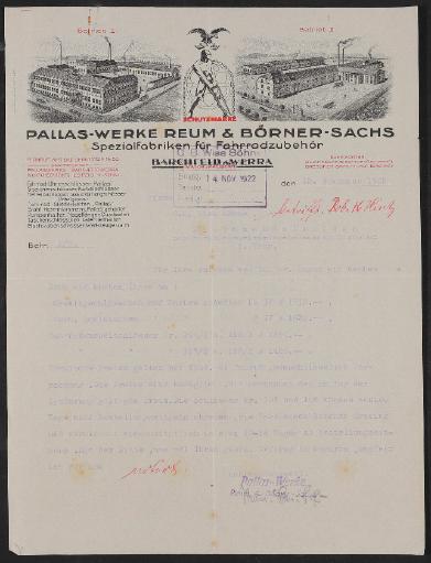Pallas-Werke Fahrradzubehör, Angebotsschreiben 1922