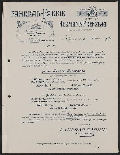 Fahrrad-Fabrik Hermann Prenzlau, Panzer Fahrräder, Werbescheiben 1905