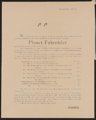 Planet Fahrräder Information für Händler 1898
