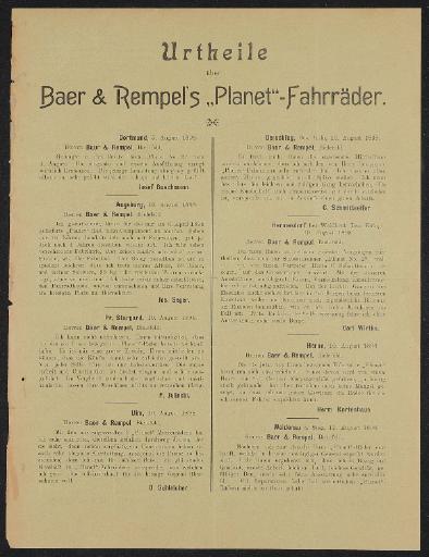 Planet-Fahrräder Werbeblatt mit Bewertungen 1898
